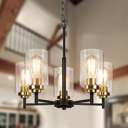 20'' 5-Light Chandelier Black Gold Adjustable Hanging Pendant Dining Room Kitchen Island Farmhouse
