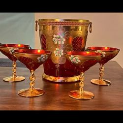 Tre Fuochi Italian Murano Glass Red 24K Gold Floral Ice Bucket with 4 glasses