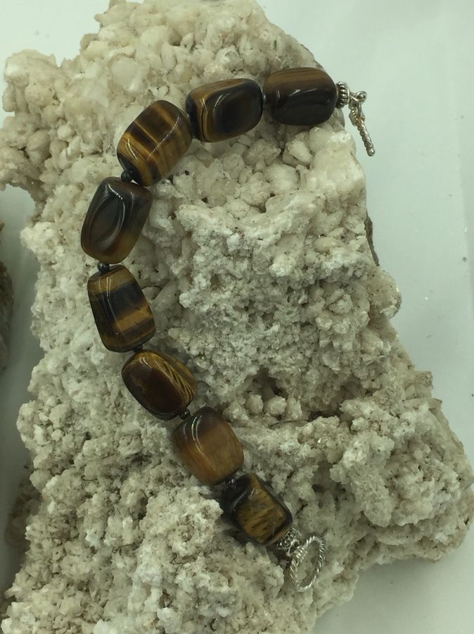 925 STER Silver Tiger’s Eye Chunky Beaded Bracelet 7.5”
