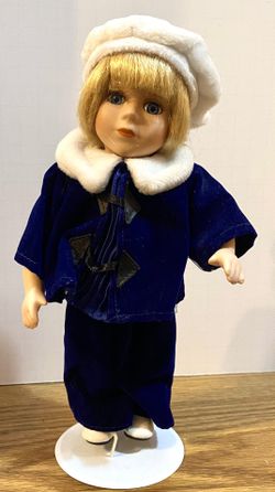 Really Cute Petite Doll Dressed In Blue Velvet Snowsuit