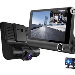 Full HD Dash Cam with 32GB SD Card, 4 inch Screen, 3 Cameras,170 Wide-Angle Front Camera, Night Vision, WDR, Accident Lock, Loop Recording, Parking Mo