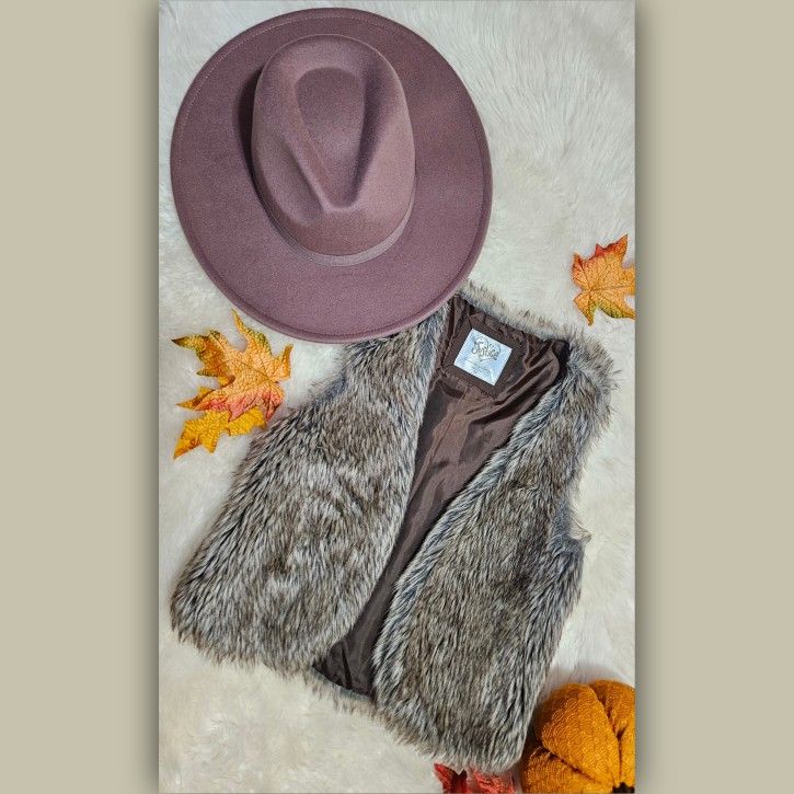 Boho Chic Faux Fur Girls Justice Vest Size 12 and Fedora Wool Hat | Fall/ Winter/Thanksgiving Accessories Outfit 👒🍁🍂🤎✨️