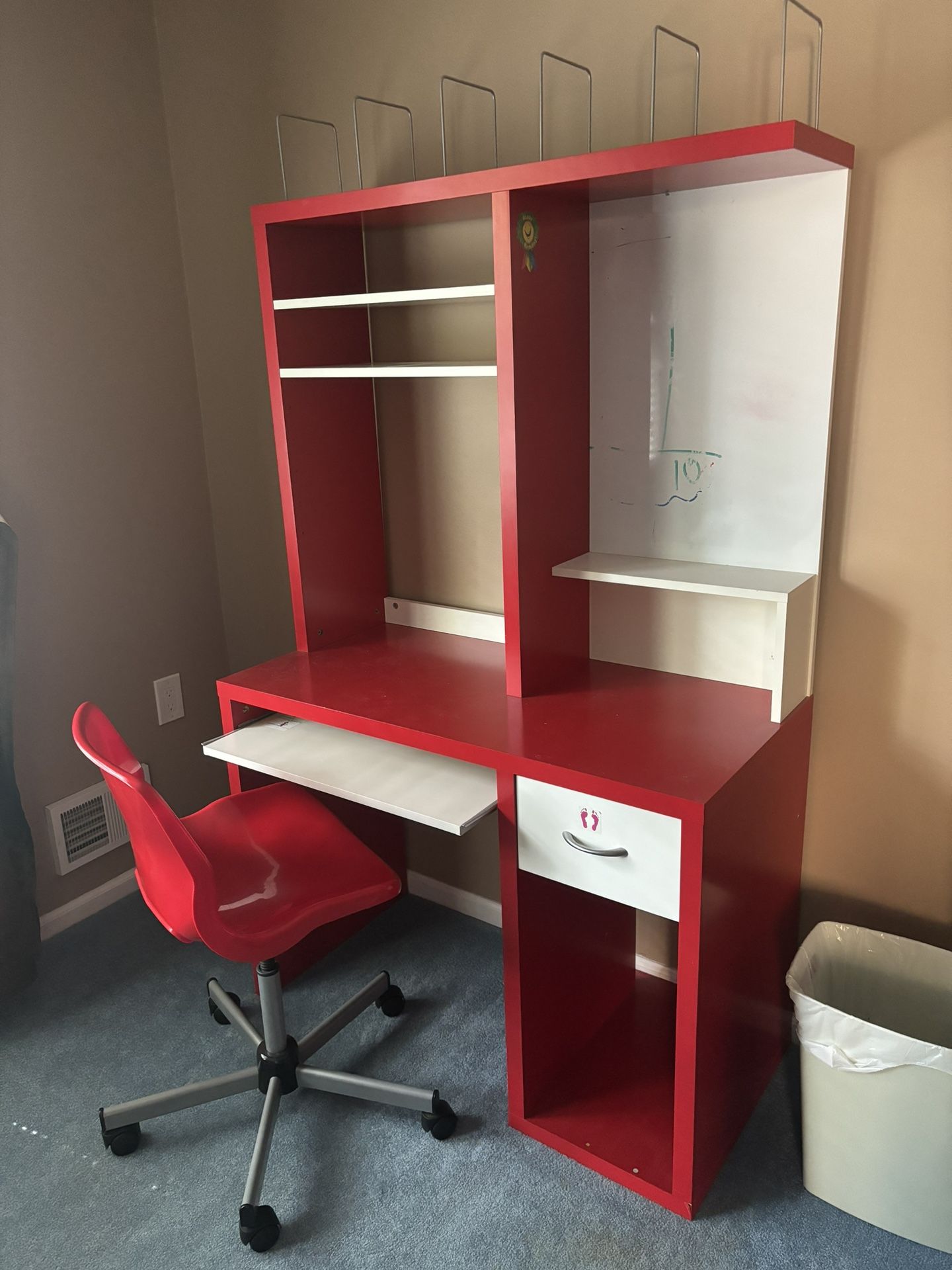 IKEA Kids Desk with Under Desk Pull-Out Drawer, Storage on Top + Right side Drawer and Chair