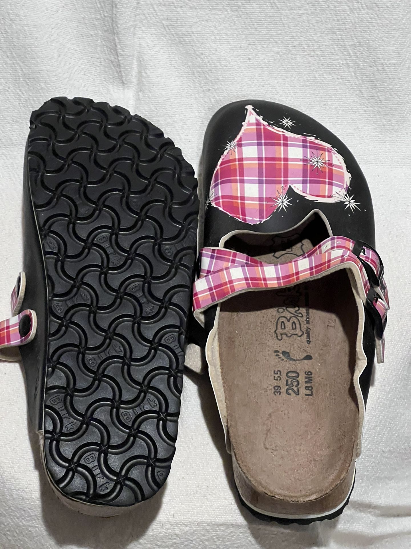 Birkenstock “Birki’s” - black base pink/white plaid w/heart