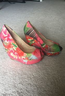 Bright coral ladies wedges