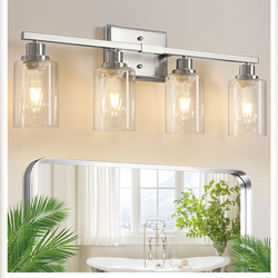 Ascher Bathroom Light Fixtures, 4-Light Vanity Lights with Clear Glass Shade, Modern Brushed Nickel Wall Light for Mirror Bedroom Hallway Cabinet Porc