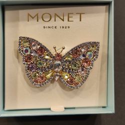 Monet Butterfly Brooch New in Box Colorful Rhinestones NIB
