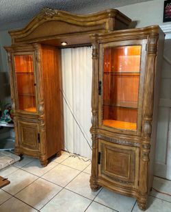 Glass Cabinets With Glass Shelves & Lights- Solid Wood- Good Condition