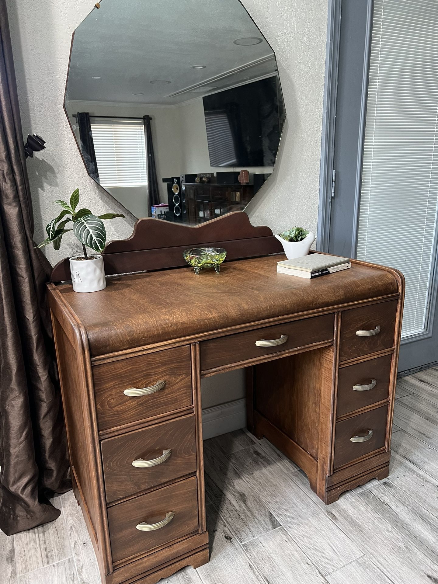1930’s Vintage Art Deco Waterfall Vanity/desk With Octagon Mirror