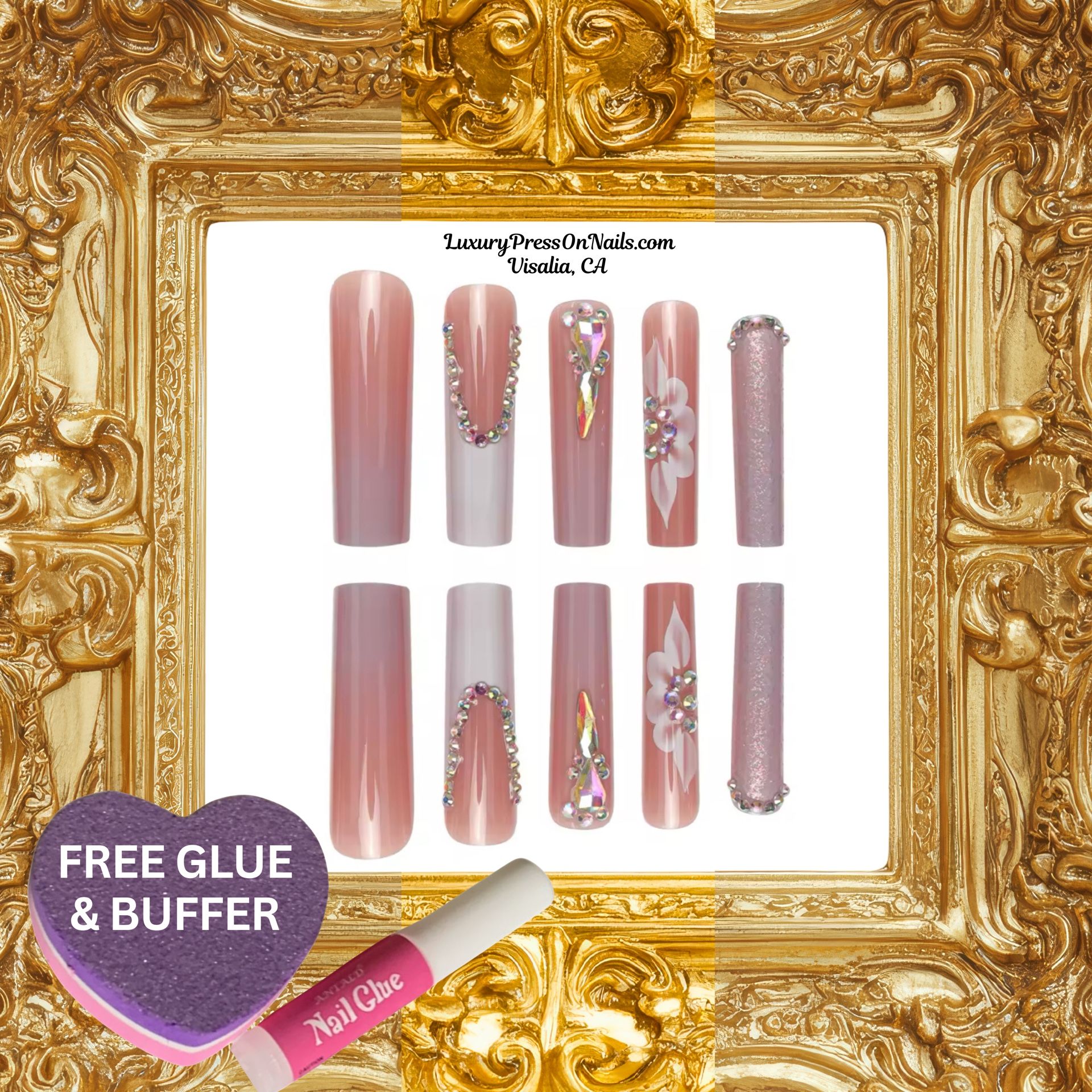 Floral Rhinestone French Extra Long Thick Press On Nails - FREE GLUE & BUFFER