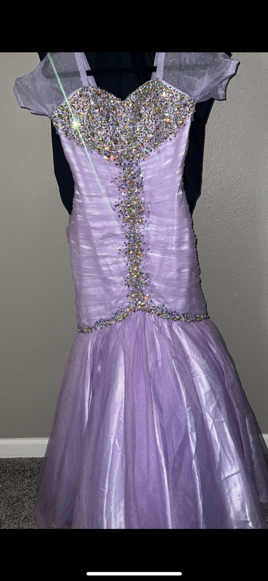 lavender dress, size four, only worn once.