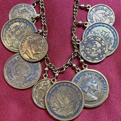 Rare Stunning Vintage 1960s Pididdly Links Brass Coin Charm Necklace