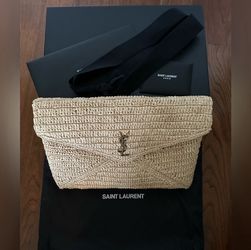 Saint Laurent Raffia Cassandre large envelope pouch. 