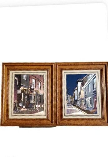 English village framed foil art x2