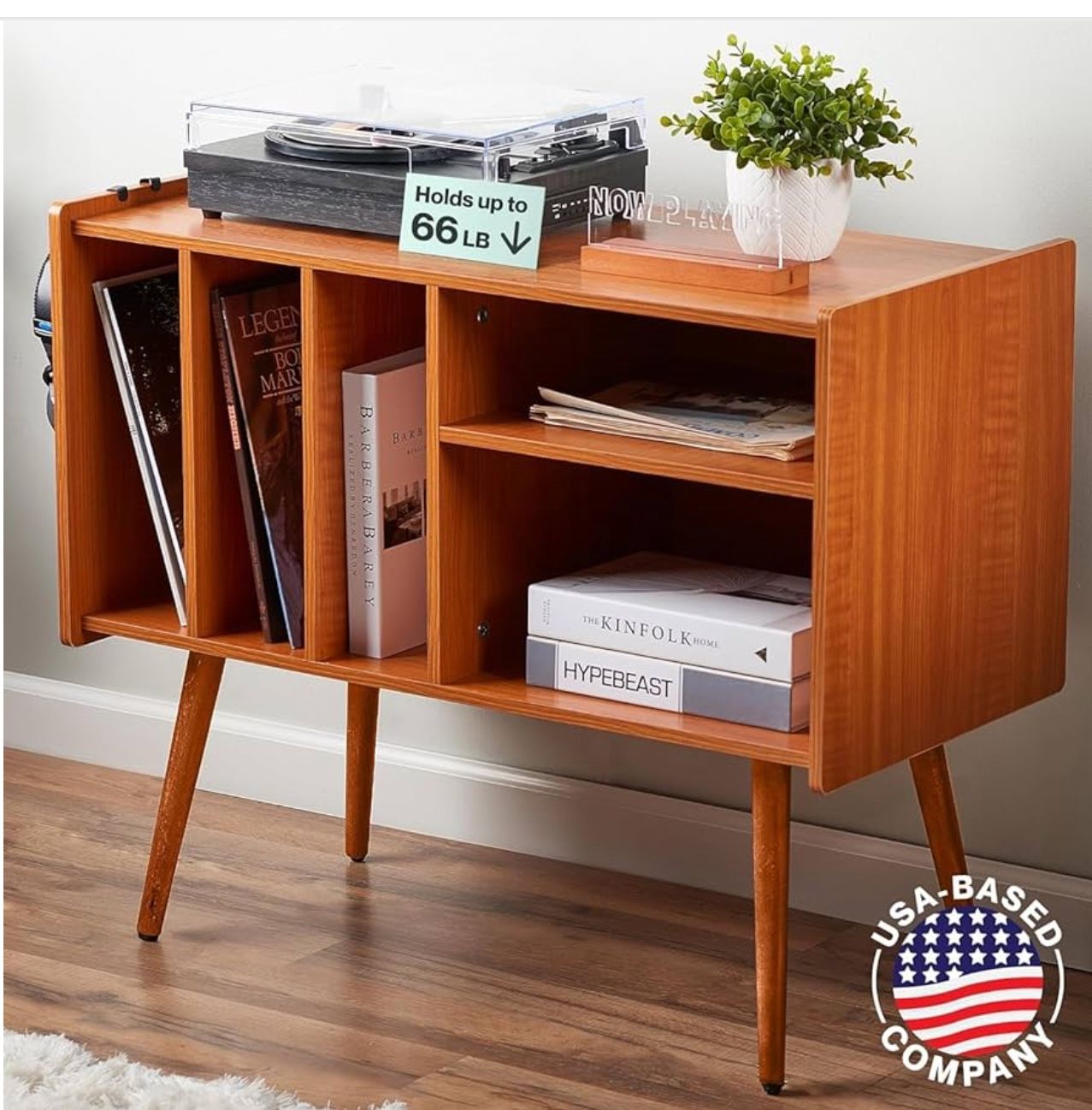  Brand New In Box -Walnut Wood Frame Vinyl Record Storage Entertainment Center Or Just Use As Beautiful Furniture Piece 