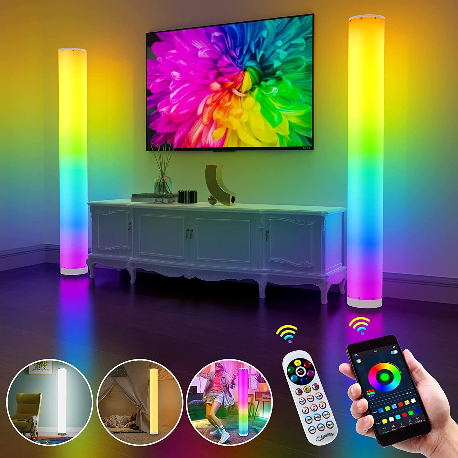 2-Pack Corner Floor Lamp,Lamps for Living Room with Smart App and Remote Control,Color Changing Mood Lighting with Music Sync,Colorful Atmosphere Deco