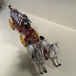 Antique Cast-Iron Fire Truck Toy Horse Drawn  w/Fireman and Ladders 