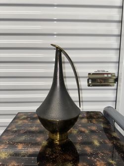 Black Gold Crackle Ewer Bud Vase Sculptural Handle Decorative Metal