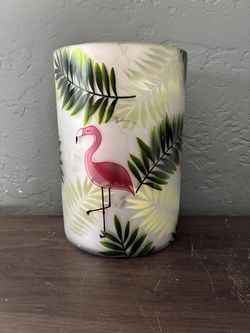 Flamingo “YANKEE CANDLE” 7” Tall Holder. Palm Leaves. Frosted Glass. Pre Owned.