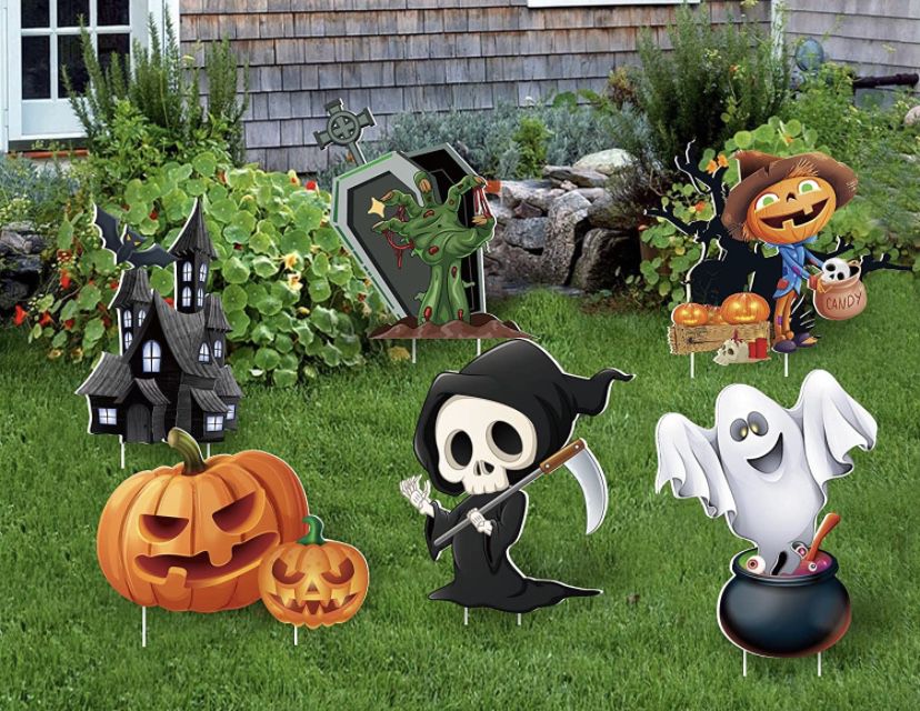 New Halloween Decorations Yard Signs for Outdoor Props Decorations, 6 Pack Trick or Treat Yard Stake Signs, Fluorescence Cartoon Friendly Halloween Ya