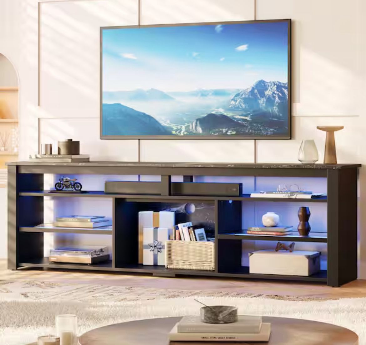 71in” Black TV Stand FIts TV's Up to 75 in. LED Entertainment Center with Adjustable Shelve and Cabinet