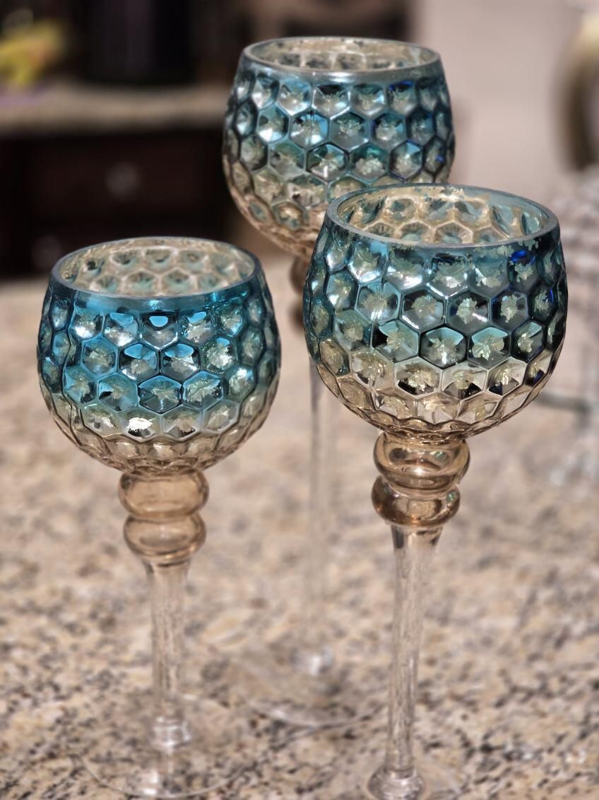 Set Of 3 Candle Holders Blue And Gold