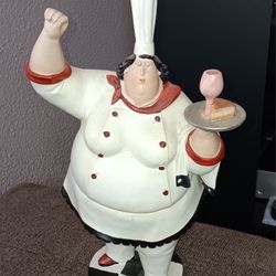 Rare Vintage: Large Fat Woman Chef Statue 15.5" French Bistro Chef Baker Art Deco Kitchen Decor
