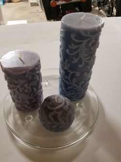 Blue Candle Decor 3pc with Glass Plate Holder.