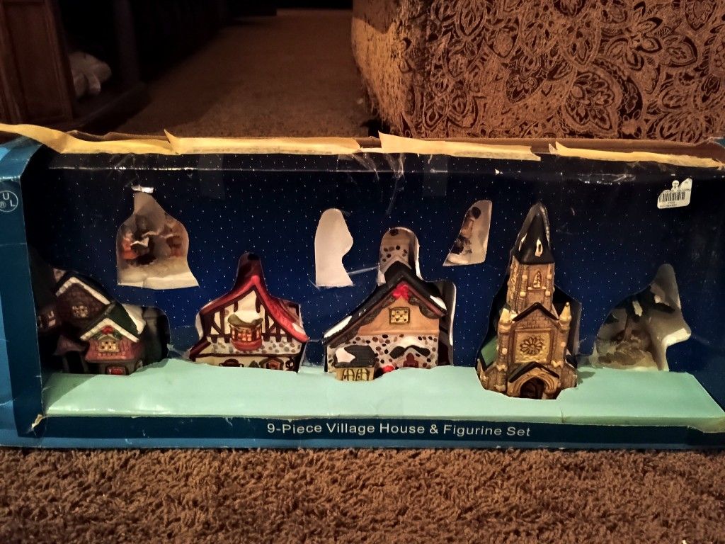 Vintage 9 piece village house and figurine set