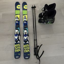 Skis poles and boots(skis 116, boots women's 8.5, men's 7.5)