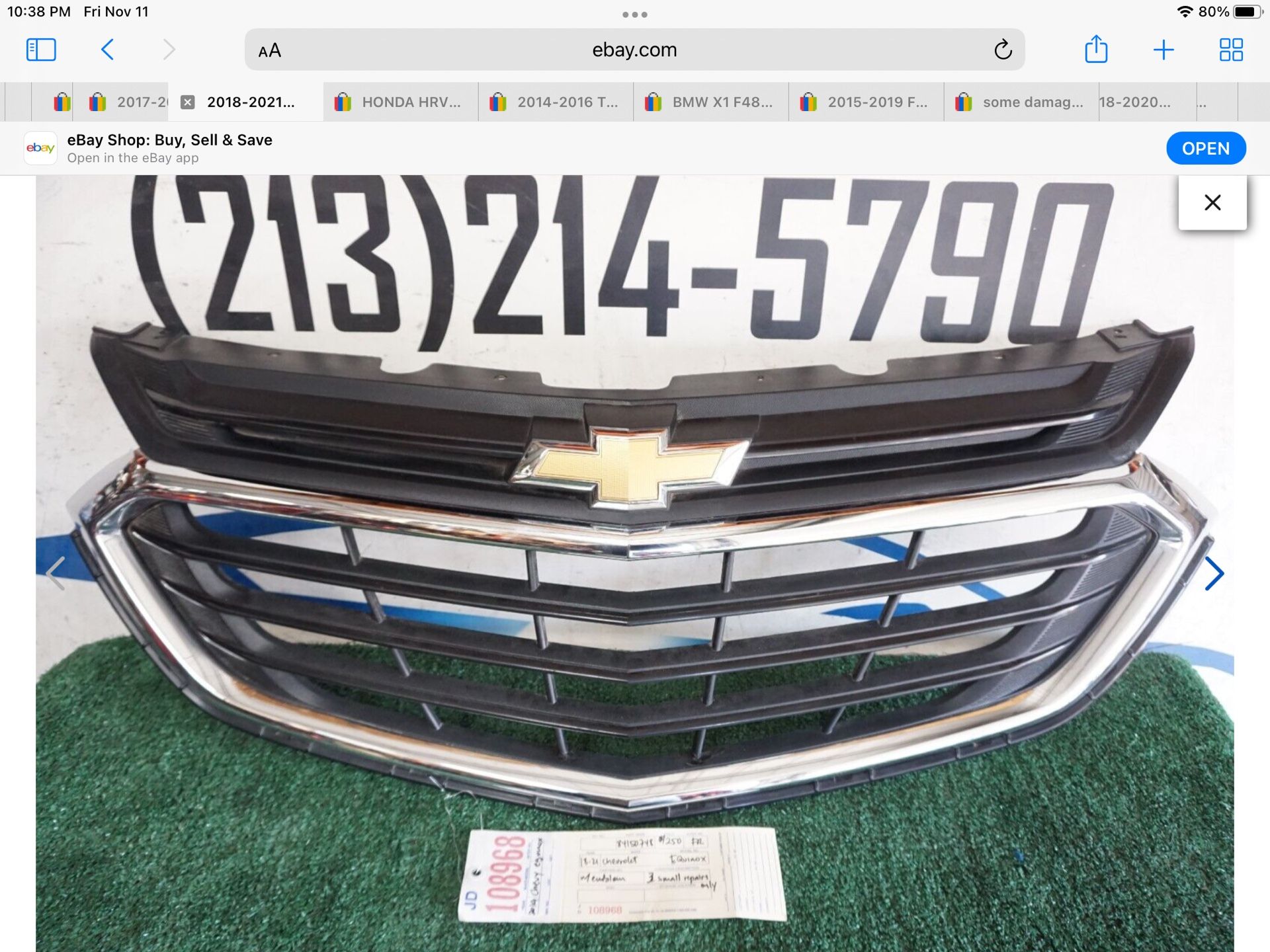 2018-2021 CHEVROLET EQUINOX FRONT BUMPER GRILLE 2019 OEM JD108968