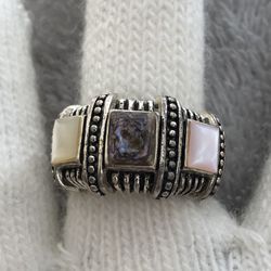 Vintage 3 Square Stone Mother Of Pearl Silver Color Ring Size 7,