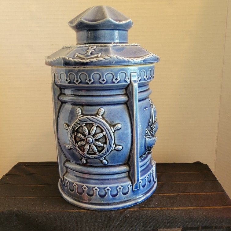 Vintage Navy Blue Ceramic Enesco Nautical Cookie Jar 10.5"