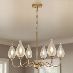 New 23.6” 6-Light Brass Gold vintage Chandelier - Rustic Iron Candle Dimmable Adjustable Height 