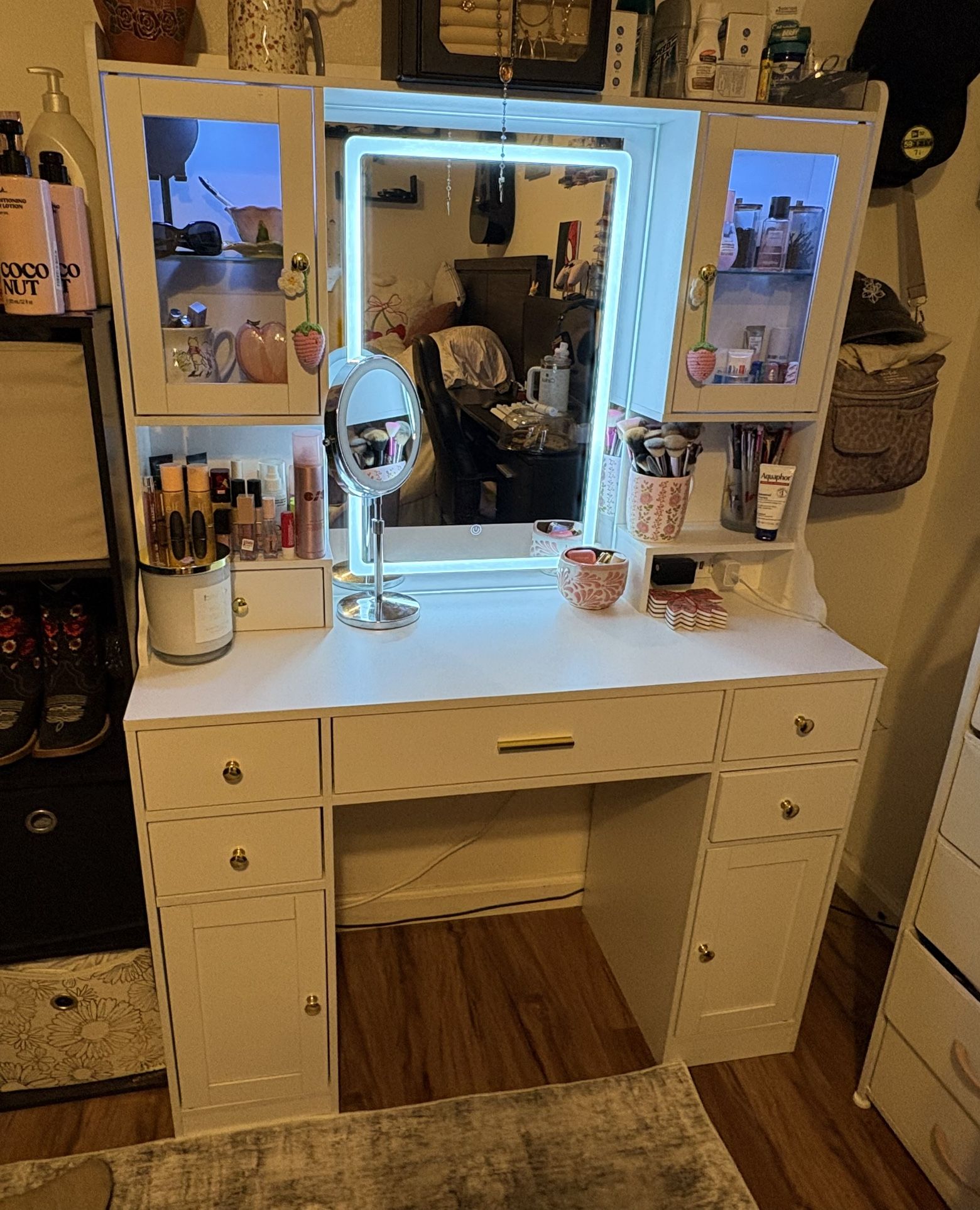White Vanity Desk with LED Mirror, RGB Cabinets & Charging Station – Large