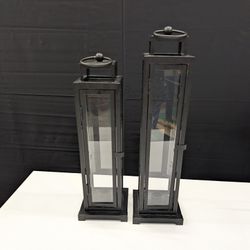 Set of Two Black Metal and Glass Pillar Candle Lanterns