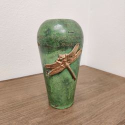 Vintage Dragonfly Metal Vase Aged Green Finish