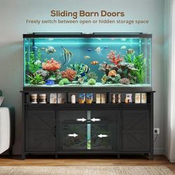 75-120 Gallon Fish Tank Stand with Power Outlet for 2 Tanks, Black Farmhouse Aquarium Stand with Storage Cabinet & Sliding Barn Doors, Heavy Duty Rept