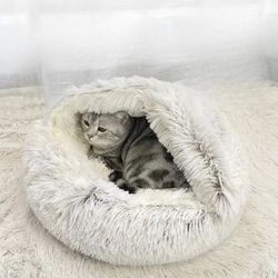 Fluffy Hooded Cat Bed Cave