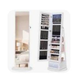 Jewellery Box Mirror with Drawer, 360° Swivel, Frameless, Shelves  Jewellery Cabinet, Full Mirror, White Surface, Black Ink Lining, BERIT Collection J