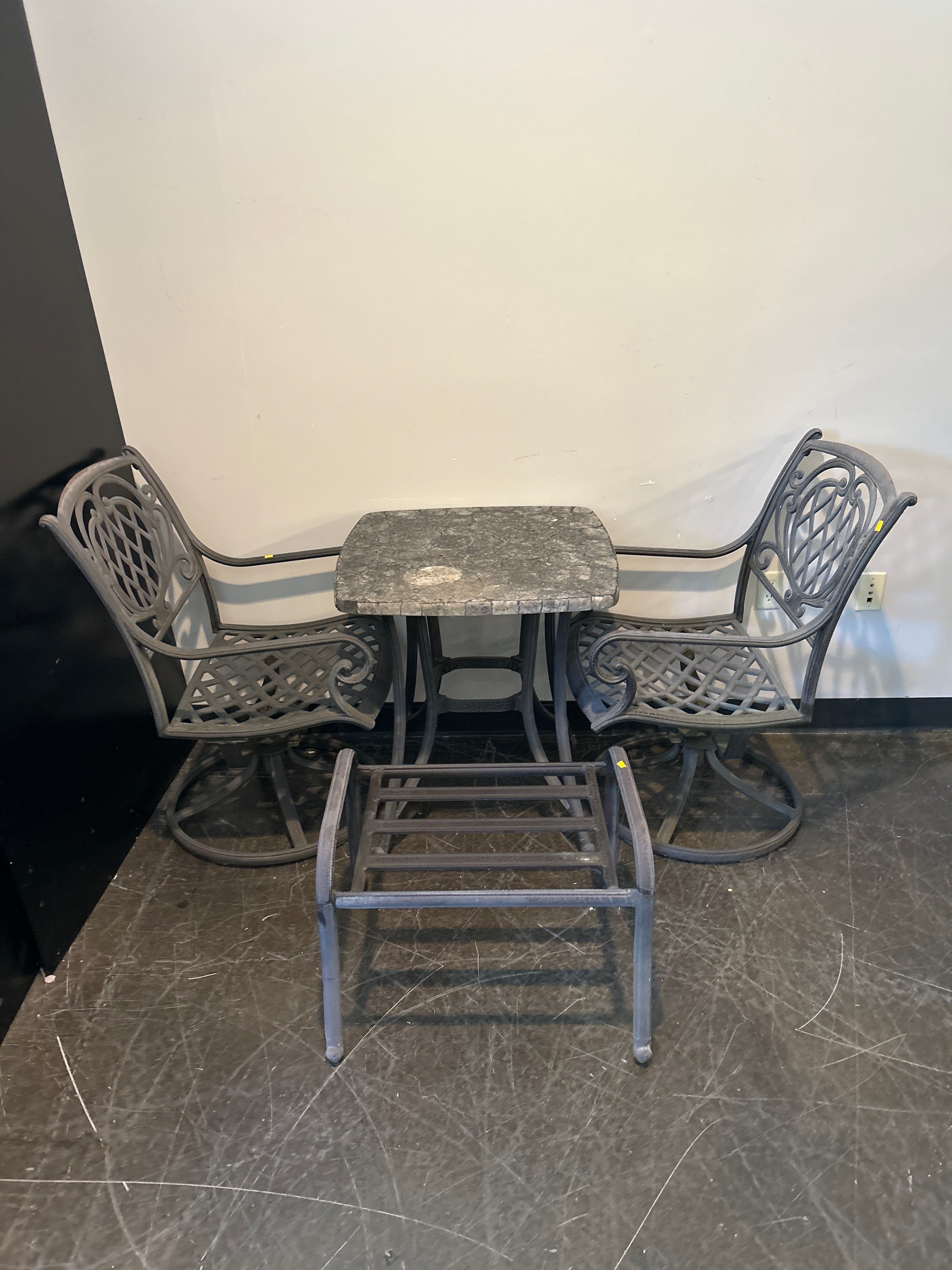 3-Piece Cast Aluminum Patio Set – Swivel Chairs, Faux-Stone Table