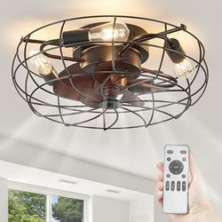 LEDIARY 20" Caged Ceiling Fans with Lights and Remote, Flush Mount Bladeless Ceiling Fan Low Profile, Small Farmhouse Industrial Enclosed Ceiling Fan 