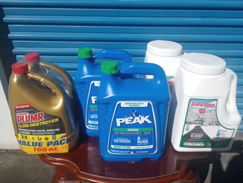 Peak Antifreeze, Liquid Plummer, Pool Chlorine Chemicals,Salt Ice Pellets