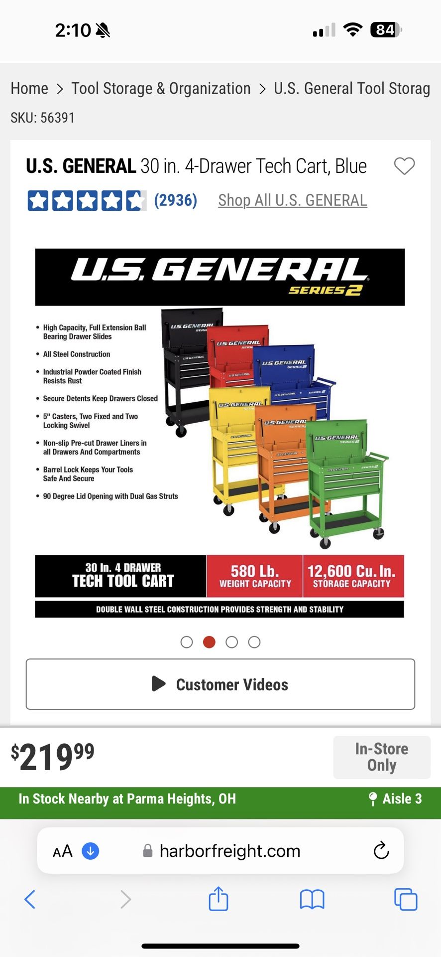 U.S. GENERAL 30 in. 5 Drawer Mechanics Cart, Slate Gray