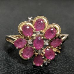 Vintage 14K Yellow Gold Ruby & Diamond Cluster Ring Floral Halo | Size 10