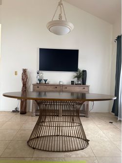 Oval Wood Dining Table with Brass Wire Pedestal Base