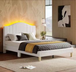 White Wood Frame Queen Upholstered Platform Bed Scalloped Bed Frame with LED Adjustable Arc Headboard