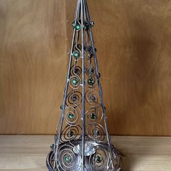Vintage Metal Christmas Tree Emerald Color Stones 13” Tall Candle Holder India 