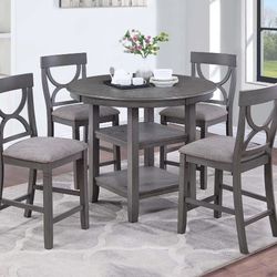5pc Gray & White  Pub Table Set includes round wood table and 4 matching chairs. 
