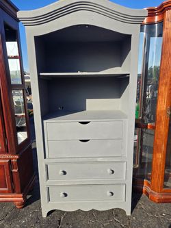 Gray Wood Bookcase with Drawers